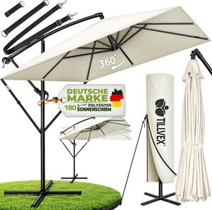 Tillvex® Aluminiowy parasol Prostoktny Ø 330 cm Beowy + pokrowiec z korbk | Kwadratowy parasol wspornikowy ze stojakiem i wiatrochronem | Parasol ogrodowy Ochrona UV aluminium | Parasol z korbk Wodoodporny 360° obrotowy