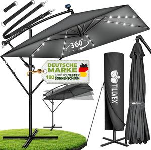Tillvex® Aluminiowy parasol prostoktny Ø 330 cm z LED solar antracyt + pokrowiec z korbk | parasol wspornikowy ze stojakiem i wiatrochronem | parasol ogrodowy z ochron UV, wodoodporny, obracany o 360° | parasol rynkowy z korbk