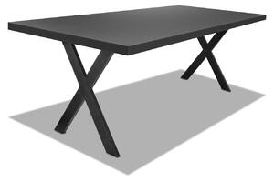 Stół jadalny z drewna i metalu o wymiarach 160x90 cm z nogami w kształcie litery "X" i czarnym blatem w kolorze drewna