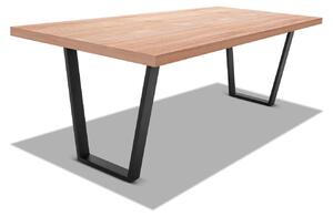 Stół jadalny z drewna i metalu o wymiarach 220x100 cm, z trapezowymi nogami i blatem w neutralnym kolorze drewna
