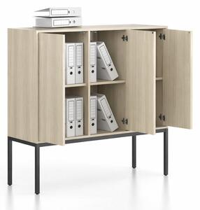 Szafa biurowa FRAME, niska, czarna podstawa, 3x drzwi, 1299 x 450 x 1331 mm, PUSH-lock, dąb naturalny