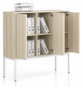 Szafa biurowa FRAME, niska, podstawa biała, 3x drzwi, 1299 x 450 x 1331 mm, PUSH-lock, dąb naturalny