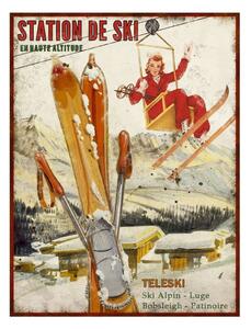 Dekoracyjna metalowa tabliczka Antic Line Station de Ski, 25x33 cm