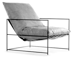 Nowoczesny jasnoszary fotel tapicerowany ELVIS - OD RĘKI w stylu loftowym, metalowe czarne nogi, jasny szary