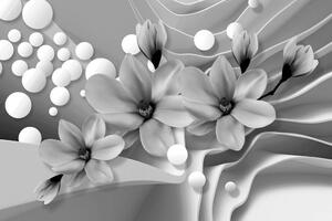 Tapeta czarno-biała magnolia na abstrakcyjnym tle