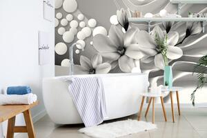 Samoprzylepna tapeta czarno-biała magnolia na abstrakcyjnym tle