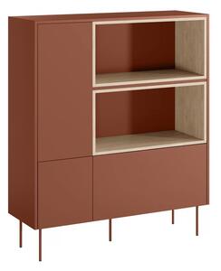 Komoda wysoka Desin 120 cm dwudrzwiowa z szufladą i wnękami - czerwony / ceramic red / dąb nagano