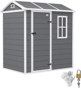 Plastikowa szopa narzdziowa Outsunny 2,1 m² 186 x 130 x 199 cm z dachem dwuspadowym, oknem podogowym, zamykanymi drzwiami, odporna na warunki atmosferyczne, szopa ogrodowa na podwórko, szara