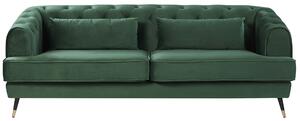 Trzyosobowa sofa welurowa pikowana z 2 poduszkami zielona styl retro Sletta Beliani