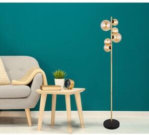 Lampa podłogowa Globo RIHA 56135-6S czarna/mosiądz mat, szkło bursztynowe, 6xG9 LED 155 cm z wyłącznikiem nożnym