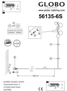 Lampa podłogowa Globo RIHA 56135-6S czarna/mosiądz mat, szkło bursztynowe, 6xG9 LED 155 cm z wyłącznikiem nożnym