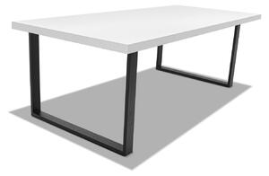 Stół jadalny z drewna i metalu o wymiarach 220x100 cm z kwadratowymi nogami i białym blatem w kolorze drewna
