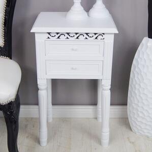 Komódka z serii Romantic, nocny stolik, dwie szuflady, toczone nogi, ażurowe zdobienia, matowa biel