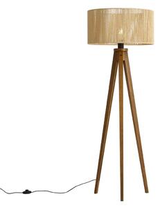 Lampa podłogowa vintage drewniana z beżowym abażurem z papierowego sznurka 50/50/25 - Tripod Classic
