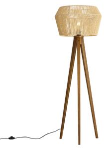 Lampa podłogowa drewniana vintage z brązowym abażurem z papierowego sznurka 50/50/30 - Tripod Classic