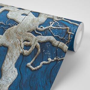Tapeta abstrakcyjne drzewo na drewnie z niebieskim kontrastem