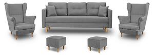 Zestaw Wypoczynkowy Skandynawski Sofa + 2 Fotele z Podnóżkami