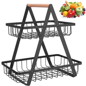 Koszyk na owoce Piętrowy stojak na owoce - 2 poziomy - 27 x 17 x 33 cm - Czarny - Metalowy, wodoodporny i odporny na rdzę - Do kuchni i biura