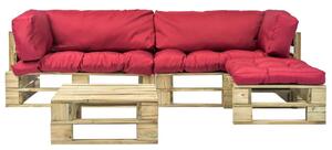 4-cz. zestaw ogrodowy, czerwone poduszki, palety z drewna