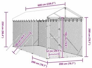 Kojec dla psa, z dachem, srebrny, 2x6x2,5 m, stal galwanizowana