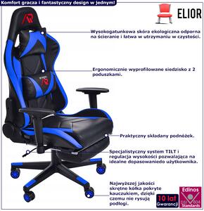 Czarno-niebieski fotel dla gracza z podnóżkiem - Husar