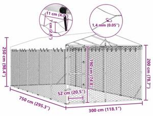 Kojec dla psa, z dachem, srebrny, 3x7,5x2,5 m, stal