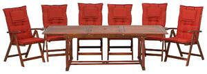 Zestaw ogrodowy drewno akacjowe stół 6 krzeseł poduszki czerwone Toscana Beliani