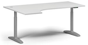 Stół z elektryczną regulacją wysokości OBOL, 675-1325 mm, narożny lewy, blat 1800x1200 mm, zaokrąglona podstawa szara, biały
