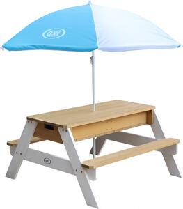AXI Nick Sand & Water Picnic Table Brown/white - Umbrella Blue/white, Stół do piachu i wody, Zewnętrzna, 3 lat(a), Plastik, Drewno, Brązowy, Biały, 14,2 kg
