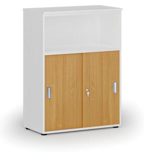 Szafa biurowa kombinowana z drzwiami przesuwnymi PRIMO WHITE, 1087 x 800 x 420 mm, biały/buk