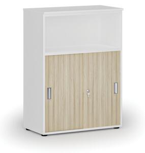 Szafa biurowa kombinowana z drzwiami przesuwnymi PRIMO WHITE, 1087 x 800 x 420 mm, biały/dąb naturalny