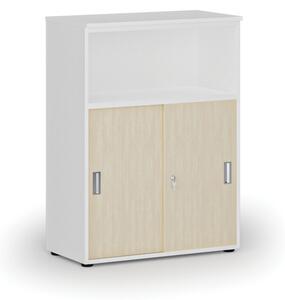 Szafa biurowa kombinowana z drzwiami przesuwnymi PRIMO WHITE, 1087 x 800 x 420 mm, biały/brzoza