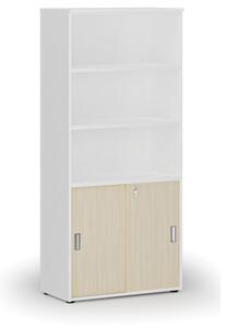Szafa biurowa kombinowana PRIMO WHITE, drzwi przesuwne na 2 poziomach, 1781 x 800 x 420 mm, biały/brzoza