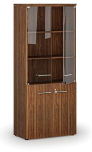 Szafa biurowa kombinowana PRIMO WOOD z drzwiami drewnianymi i szklanymi, 1781 x 800 x 420 mm, orzech