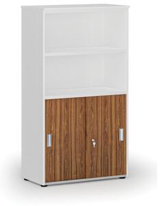 Szafa biurowa kombinowana PRIMO WHITE, drzwi przesuwne na 2 poziomach, 1434 x 800 x 420 mm, biały/orzech