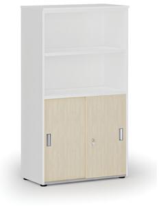 Szafa biurowa kombinowana PRIMO WHITE, drzwi przesuwne na 2 poziomach, 1434 x 800 x 420 mm, biały/dąb naturalny