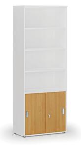 Szafa biurowa kombinowana PRIMO WHITE, drzwi przesuwne na 2 poziomach, 2128 x 800 x 420 mm, biały/buk