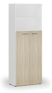 Szafa biurowa kombinowana PRIMA WHITE, drzwi na 4 poziomach, 2128 x 800 x 420 mm, biały/dąb naturalny