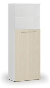 Szafa biurowa kombinowana PRIMO WHITE, drzwi na 4 poziomach, 2128 x 800 x 420 mm, biały/brzoza