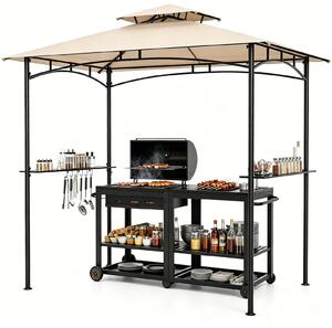 KOMFOTTEU – altana grillowa o wymiarach 242 x 150 cm, dwupoziomowy dach sucy jako zadaszenie z 2 pókami, 6 haczykami i metalow ram; zadaszenie do grillowania na podwórku, trawniku, tarasie lub przy basenie
