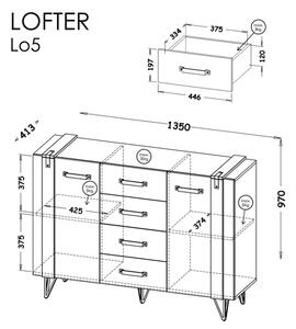 Komoda do salonu i sypialni 135 cm Lofter LO5 Beton Millenium Dąb Wotan