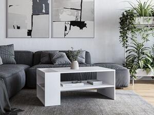 Biała ława do salonu z półkami | Umeblowana.com