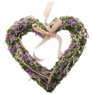 Wiszące serce z mchu z suszonymi kwiatami, fioletowy, 30 x 4 cm