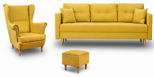 Zestaw mebli skandynawskich do salonu kanapa z fotelem i pufą Żółty
