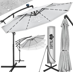 Tillvex aluminiowy parasol wspornikowy szary LED solar Ø 350 cm z korbą | parasol z włącznikiem/wyłącznikiem | parasol ogrodowy ochrona UV aluminium | parasol na korbę ze stojakiem parasol rynkowy wodoodporny