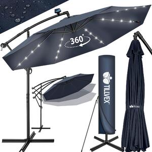 Tillvex aluminiowy parasol wspornikowy granatowy LED solar Ø 350 cm z korbą | parasol z włącznikiem/wyłącznikiem | parasol ogrodowy ochrona UV aluminium | parasol na korbę ze stojakiem parasol rynkowy wodoodporny