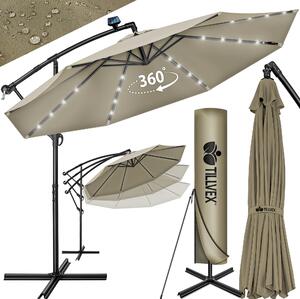 Tillvex aluminiowy parasol wspornikowy brązowy LED solar Ø 300 cm z korbą | parasol z włącznikiem/wyłącznikiem | parasol ogrodowy ochrona UV aluminium | parasol na korbę ze stojakiem parasol rynkowy wodoodporny