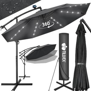 Tillvex aluminiowy parasol wspornikowy antracytowy LED solar Ø 350 cm z korbą | parasol z włącznikiem/wyłącznikiem | parasol ogrodowy ochrona UV aluminium | parasol na korbę ze stojakiem parasol rynkowy wodoodporny