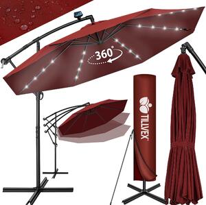 Tillvex aluminiowy parasol wspornikowy czerwony LED solar Ø 350 cm z korbą | parasol z włącznikiem/wyłącznikiem | parasol ogrodowy ochrona UV aluminium | parasol na korbę ze stojakiem parasol rynkowy wodoodporny