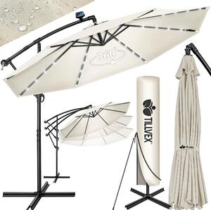 Tillvex aluminiowy parasol wspornikowy Beżowy LED Solar Ø 350 cm z korbą | parasol z włącznikiem/wyłącznikiem | parasol ogrodowy Ochrona UV aluminium | parasol na korbę ze stojakiem parasol rynkowy wodoodporny